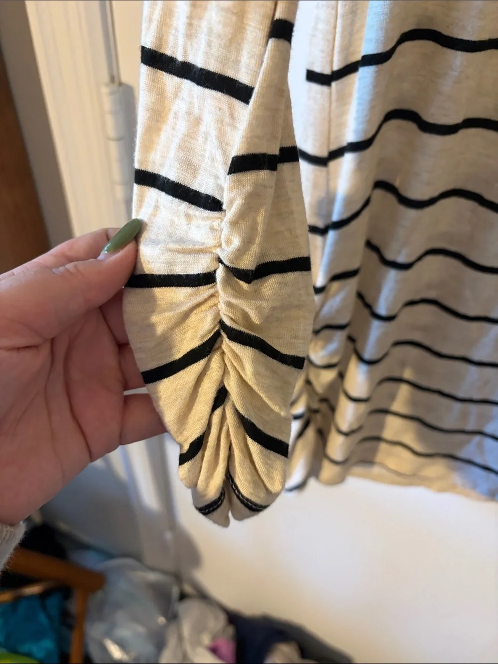 Striped Long-Sleeve Tee Dress in Cream & Black - Picture 2 of 4